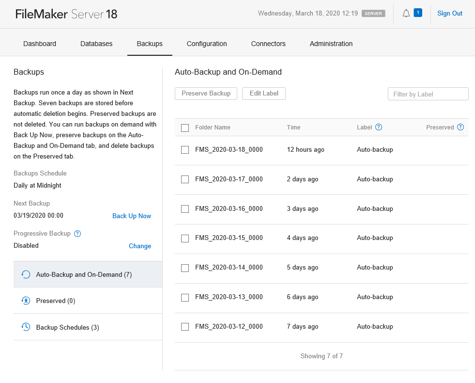 Image of FileMaker Server 18 admin console showing backups schedule. Proper settings will help with FileMaker Server performance.