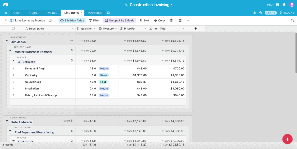 sample construction invoicing image created in Airtable