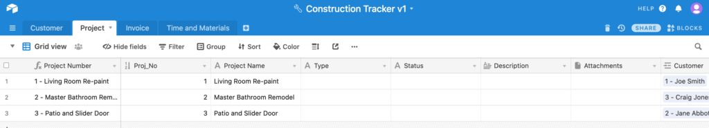 sample Airtable construction tracker