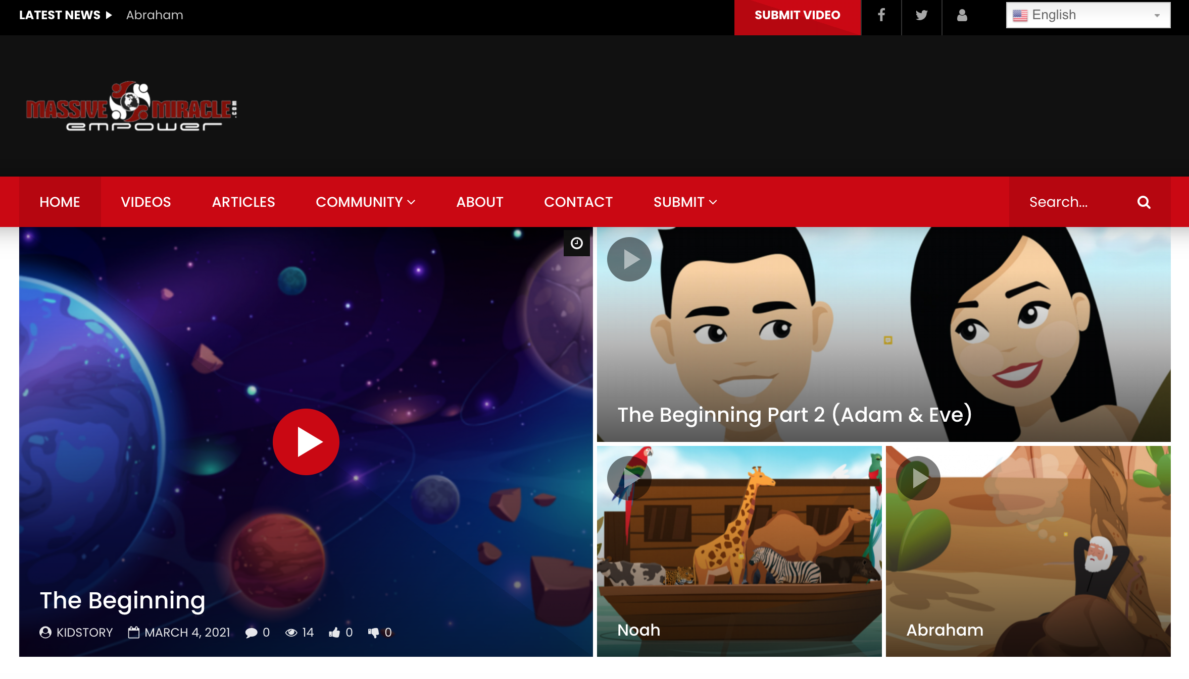 This is the home page of the Massive Miracle website, which allows users to embed Christian-themed videos to share with others.