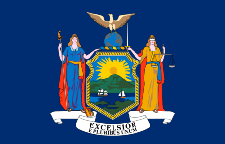 The New York State flag hosts the motto Excelsior, meaning "ever upward."