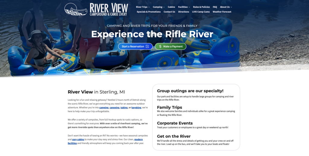 Above: The desktop display for the River View Campground website. Menu items (such as River Trips, Camping, Cabins, FAQ, etc.) are listed across the top of the screen and can be accessed directly from the home page.