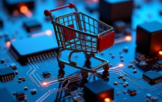 A shopping cart sitting on a motherboard to depict the concept of eCommerce as readers explore a comparison between Shopify and WooCommerce