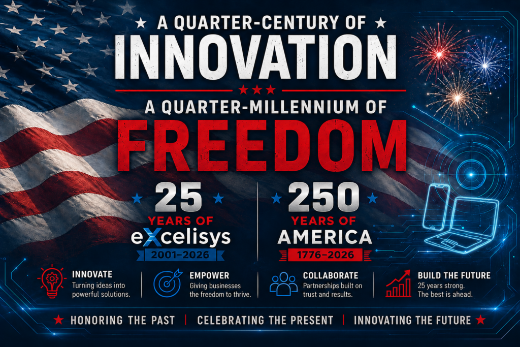 This image shows an American flag on one side and a computer on the other to denote technology. The words say: