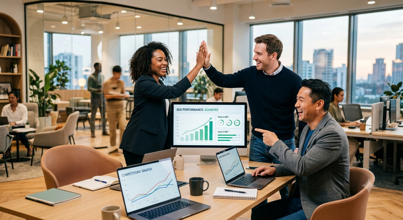This image shows some business owners giving high-fives as they check their SEO performance on a compute -- the graph on the computer shows scores rising.