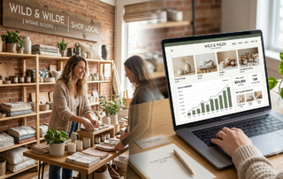 Image of the inside of a retail outlet showing a customer speaking to a salesperson about the products, which include hand towels and candles and other home decorative items. Simultaneously, there's a laptop open with the screen in plain view and the screen shows a WordPress website open to a page showing products and sales figures for the same store and items.