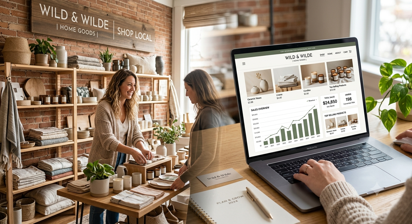 Image of the inside of a retail outlet showing a customer speaking to a salesperson about the products, which include hand towels and candles and other home decorative items. Simultaneously, there's a laptop open with the screen in plain view and the screen shows a WordPress website open to a page showing products and sales figures for the same store and items.