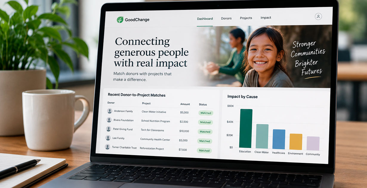 Laptop showing a non-profit dashboard that matches donors to projects and charts impact by cause